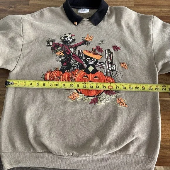 Vintage Halloween Sweatshirt Women’s Large Black Cat Pumpkin Scarecrow 80/90s - Picture 14 of 16